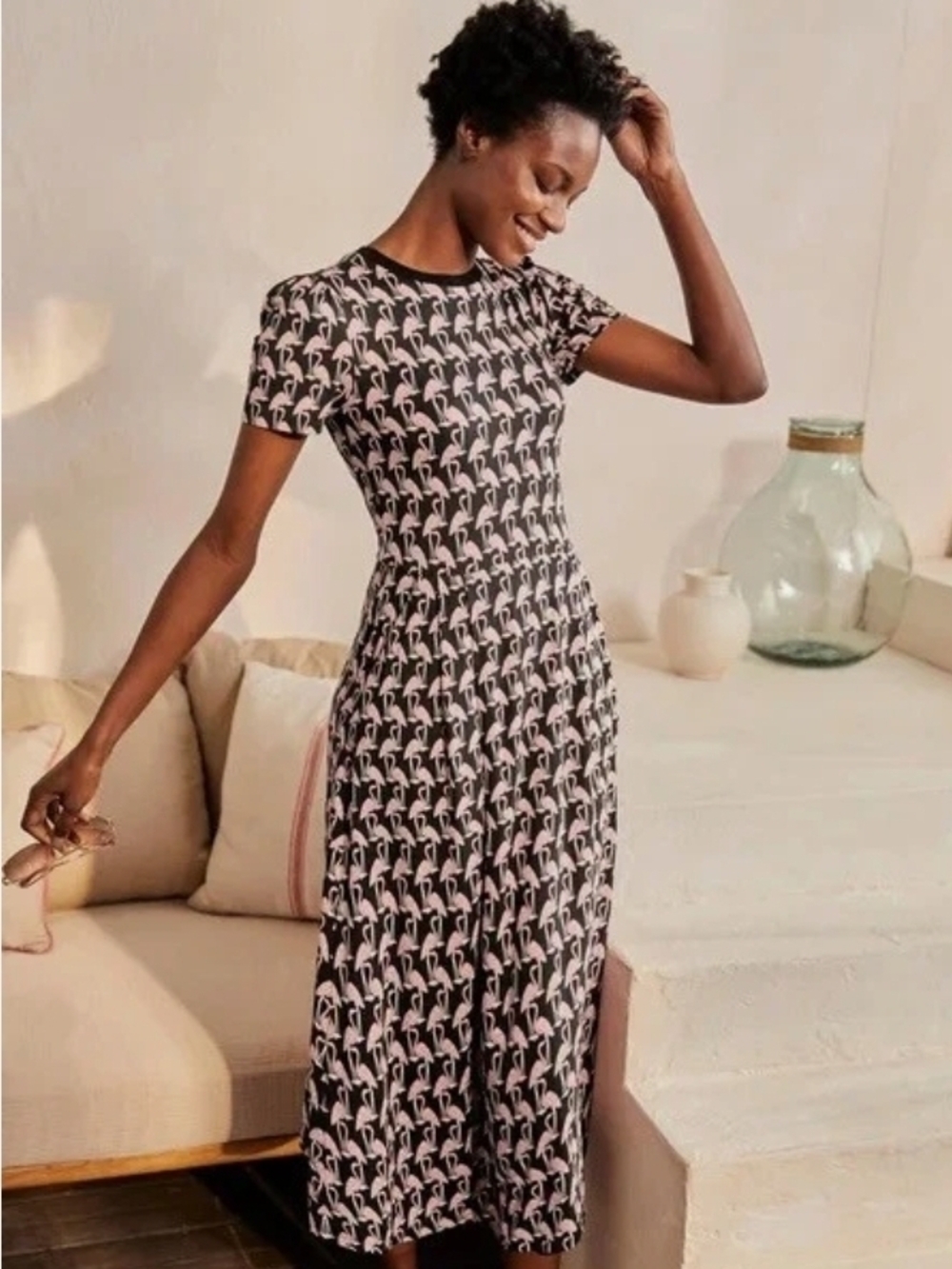 Boden Black and Pink Short-Sleeve Flamingo Patterned Midi Dress - Size 16/18R